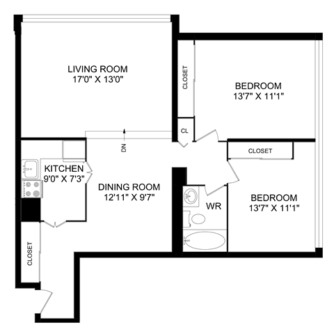 Floor plan for 2 beds, 1 bath, 942 sqft